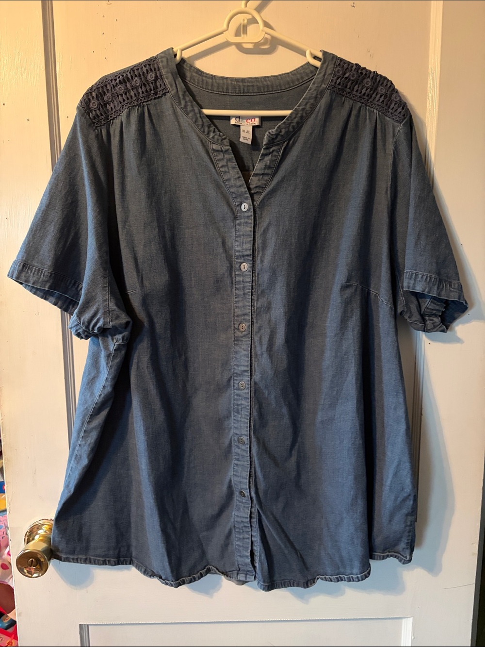 Denim&Co Blue Button-Front Chambray Denim Short Sleeve Top Size 3X